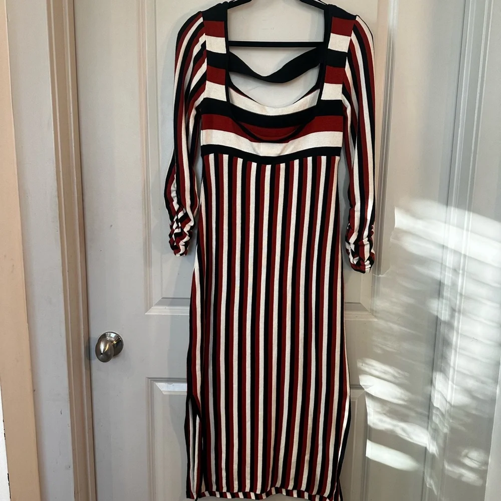 Anthropologie Maeve Striped Square Neck Brown/Black/White Midi Dress, Size Sy